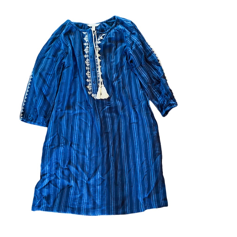GARNET HILL NWOT Blue Stripe Embroidered Tassel Peasant Dress Western